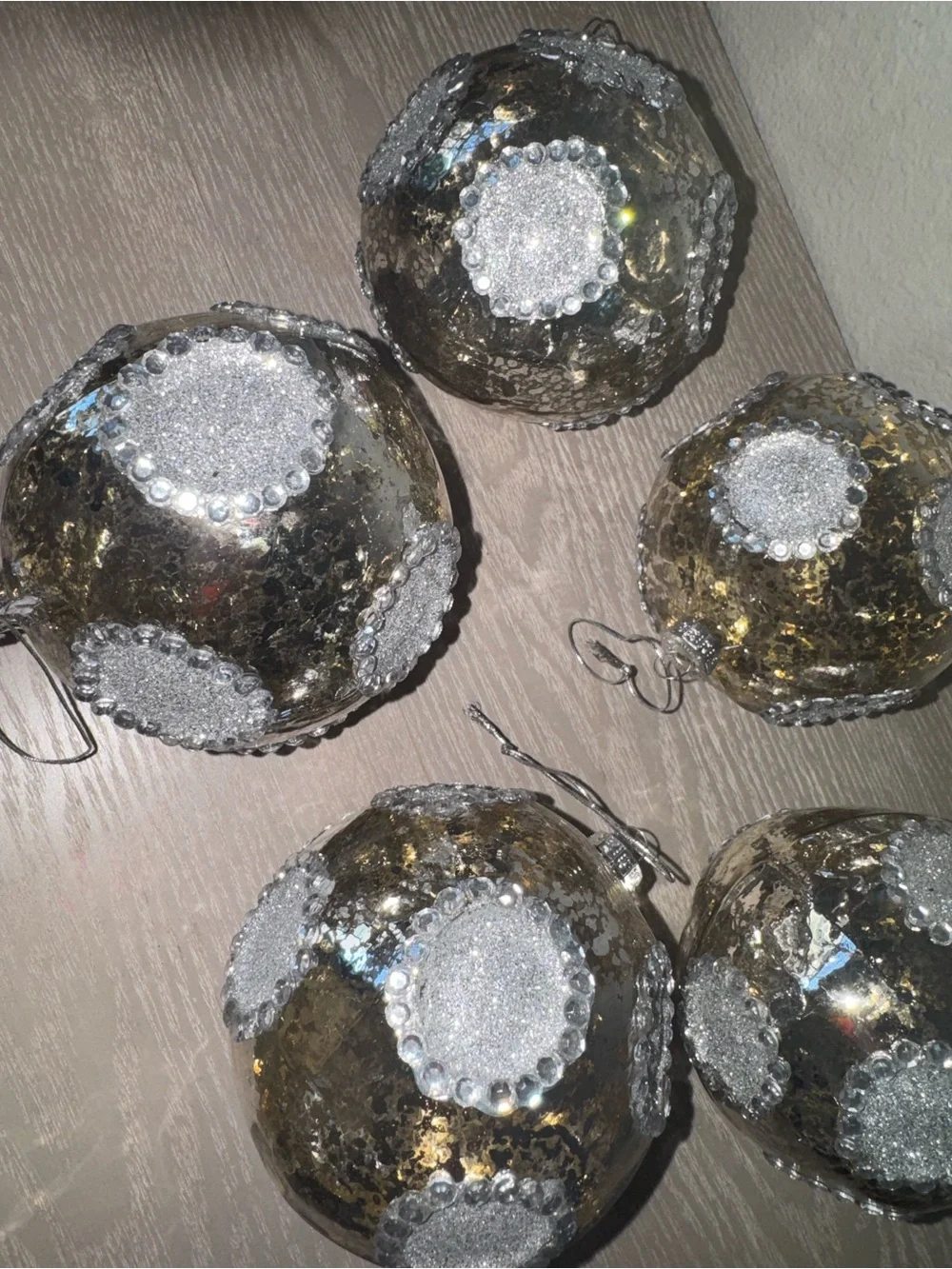 Silver mercury glass, Christmas ornament with beaded crystal set of 5